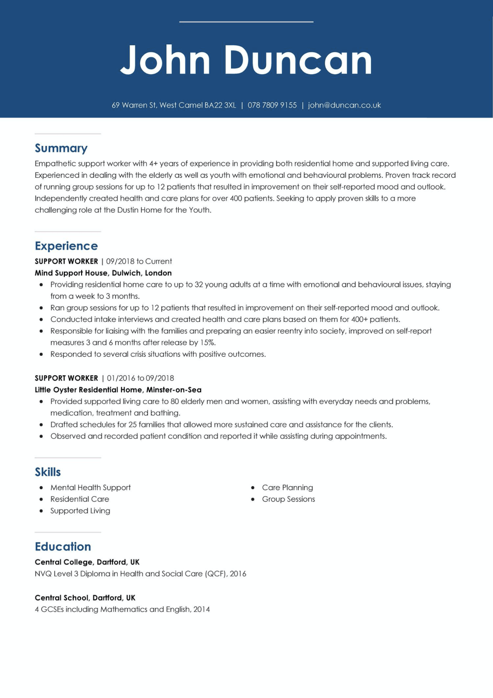 Support worker CV example