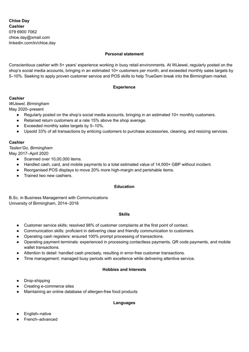 about me section CV sample