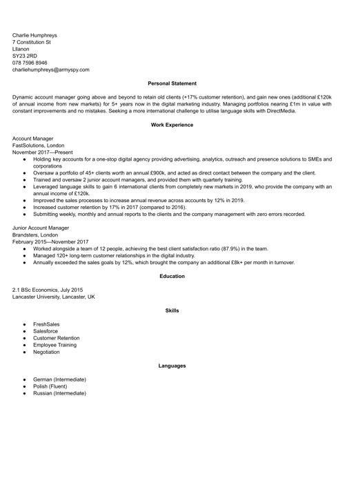 Account Manager CV Example