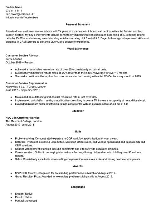 achievements on a cv example