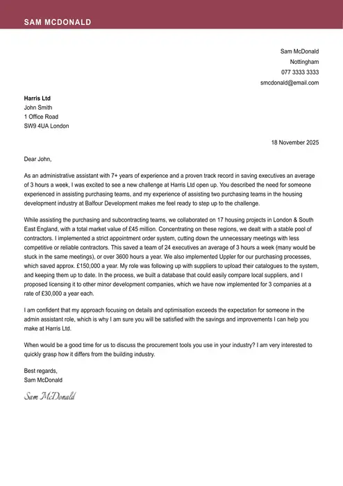 administrative assistant cover letter example