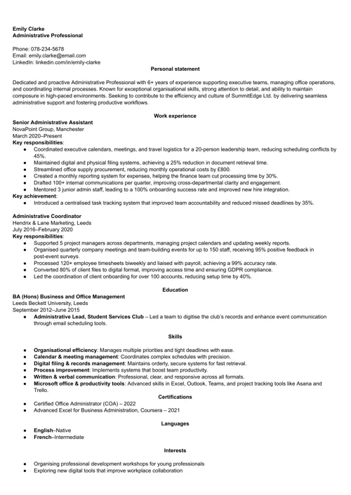CV sample emphasising administrative skills