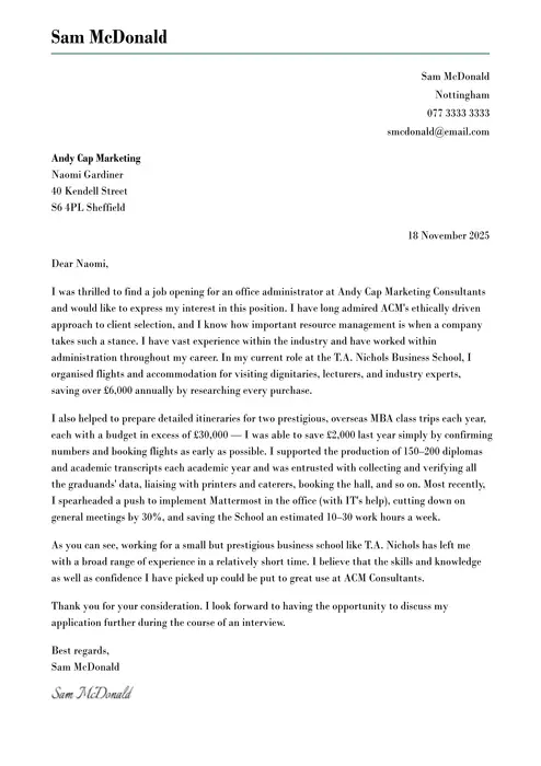 administrator cover letter example