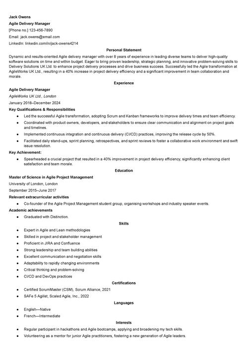 Agile delivery manager CV example