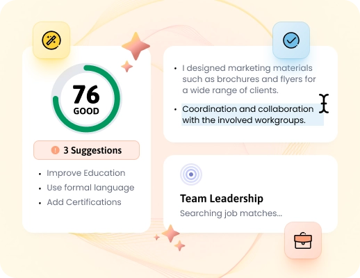 An image depicting three example AI features being: content suggestions, CV analysis & ATS optimisation and AI-driven skill matching