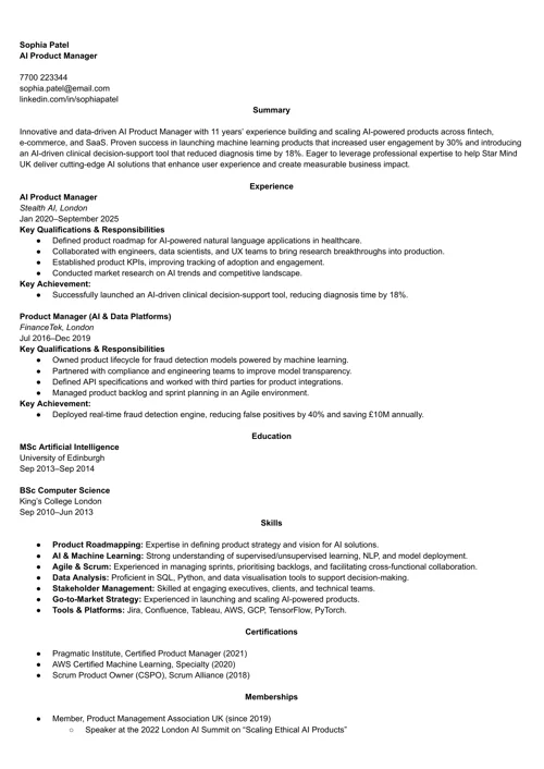 AI product manager CV example by LiveCareer UK CV templates
