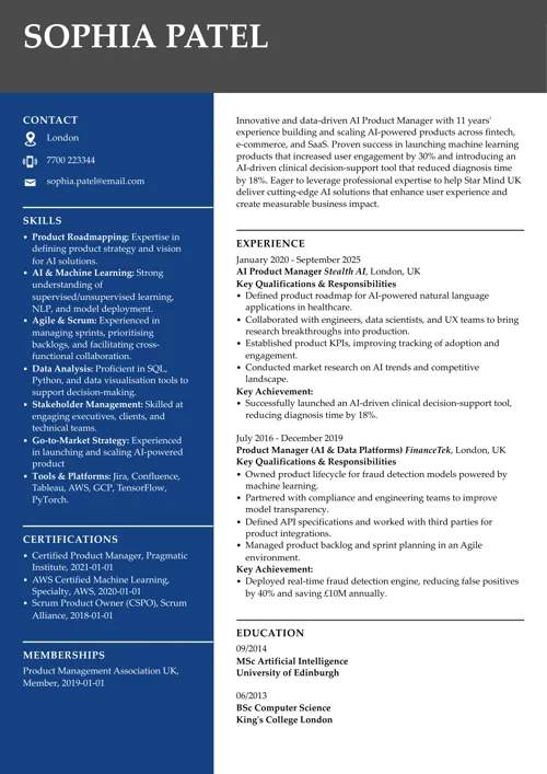 AI product manager CV example by LiveCareer UK CV templates