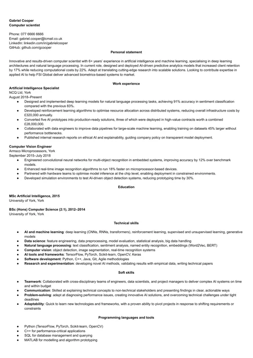 CV sample with AI skills