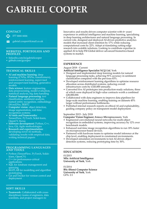 CV sample with AI skills