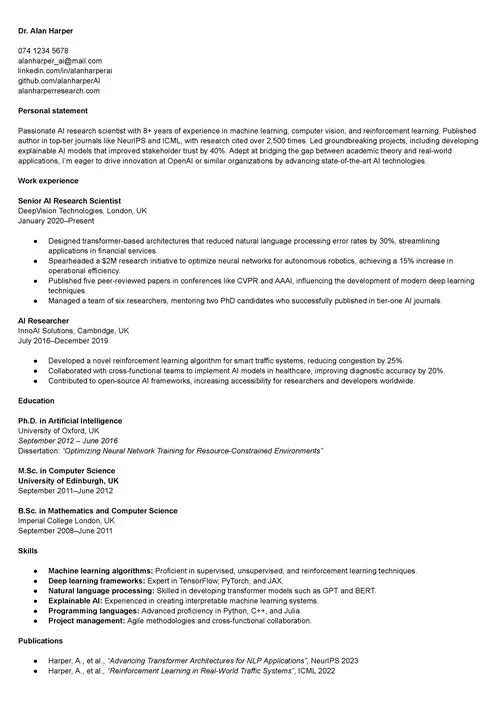 AI research scientist CV example