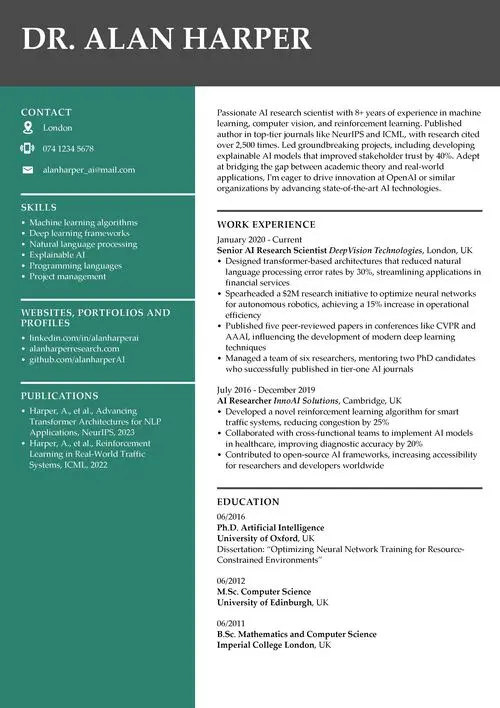 AI research scientist CV example