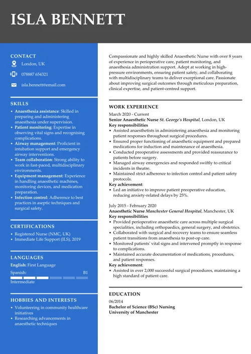 Anaesthetic nurse CV example