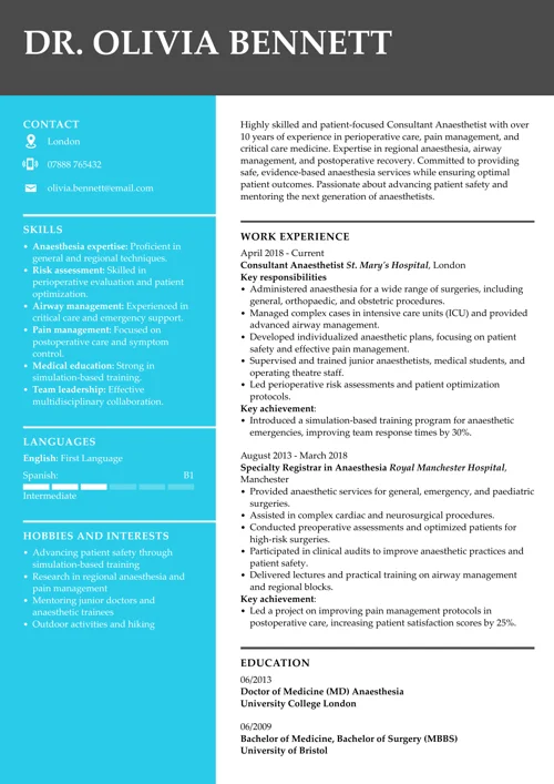 Anaesthetist CV example