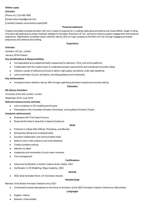 Animator CV Examples & Guide for 2024