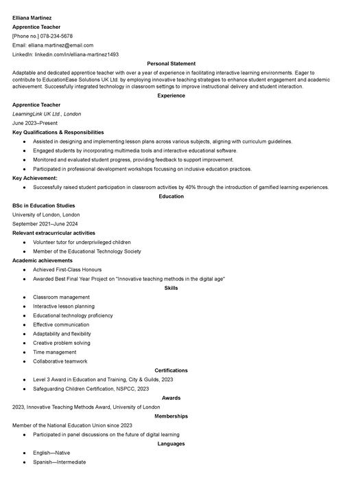 apprenticeship CV example