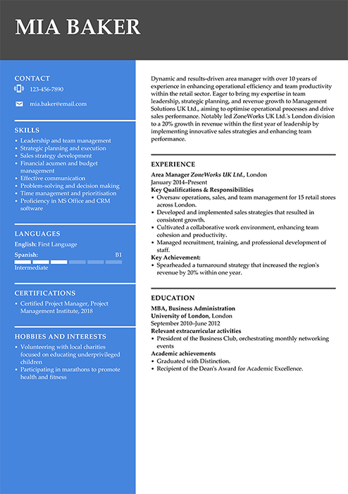 area manager cv example