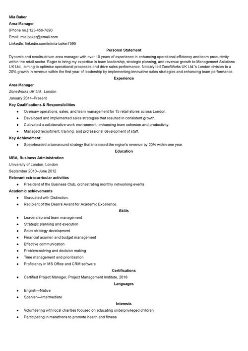  area manager CV example