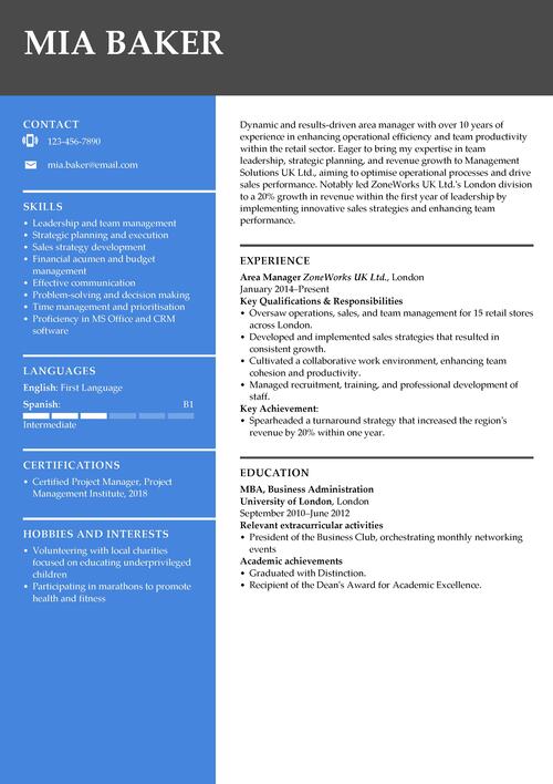  area manager CV example