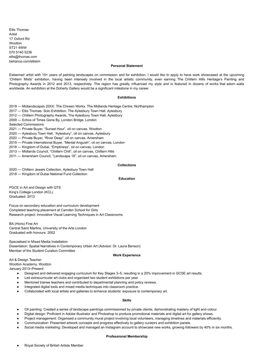 Artist CV example