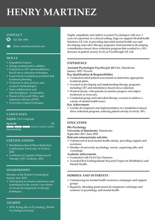 assistant psychologist CV example