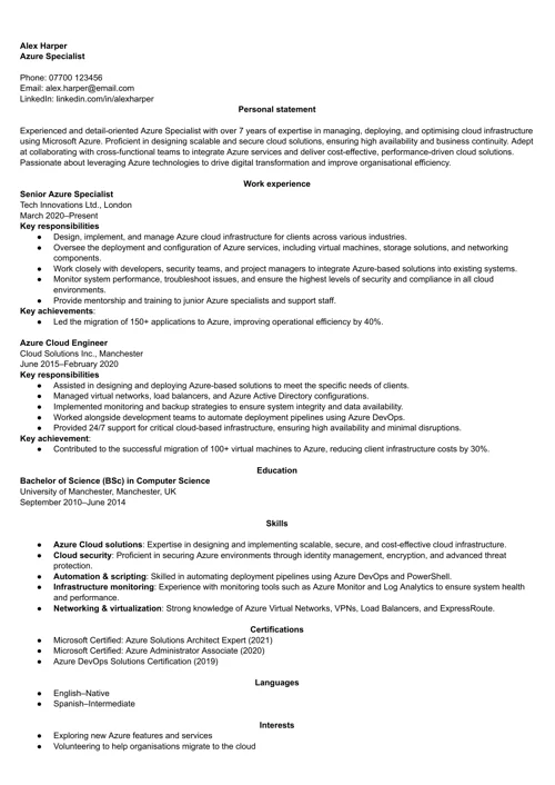 Azure specialist CV example