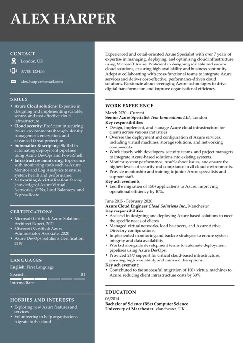 Azure specialist CV example