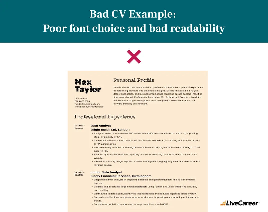 bad cv example: poor font choice