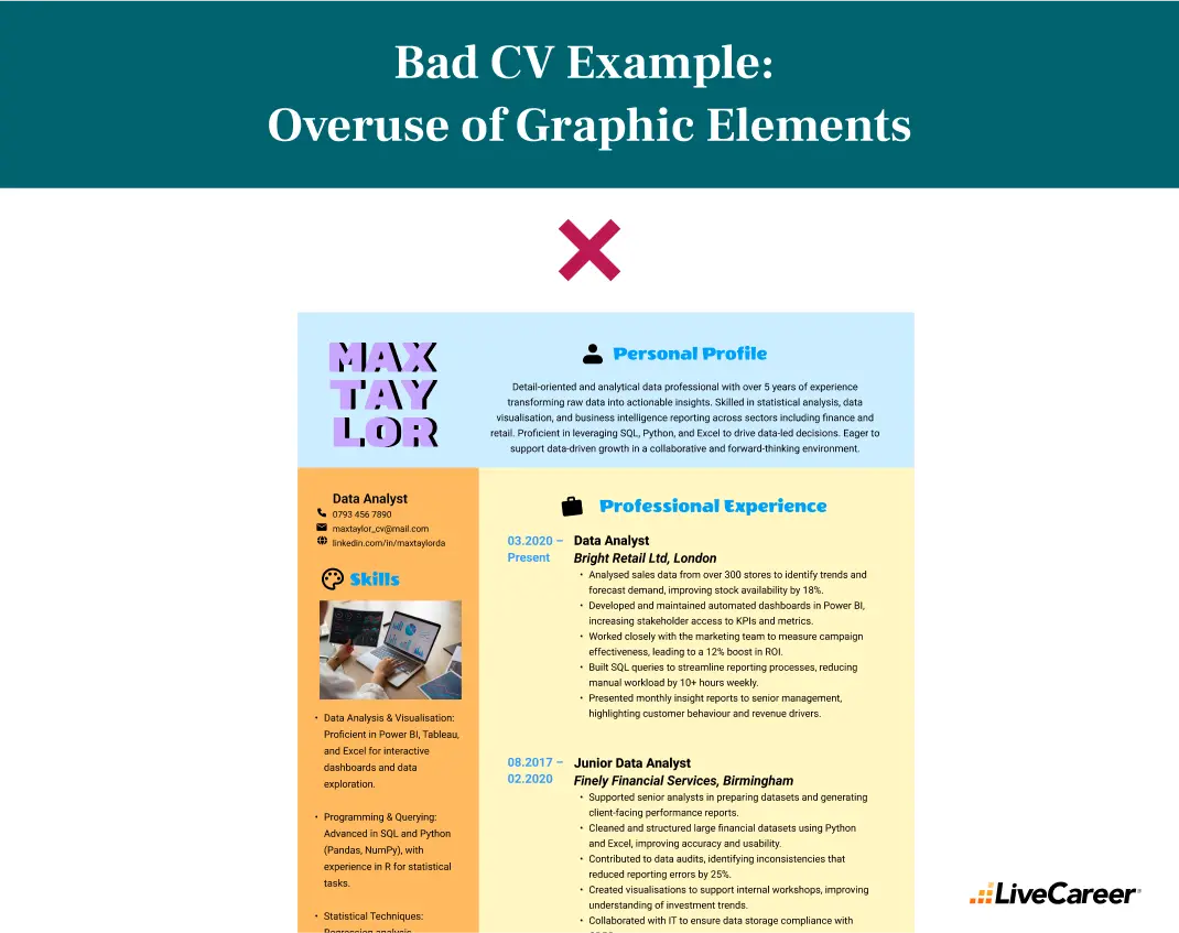 bad cv example: overuse of graphic elements