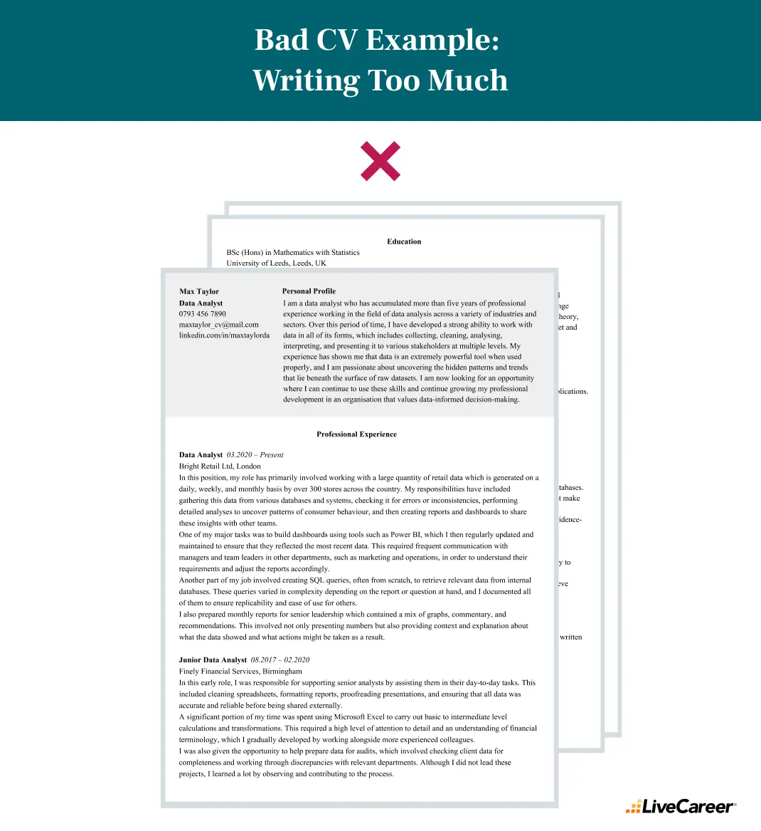 bad cv examples: writing too much