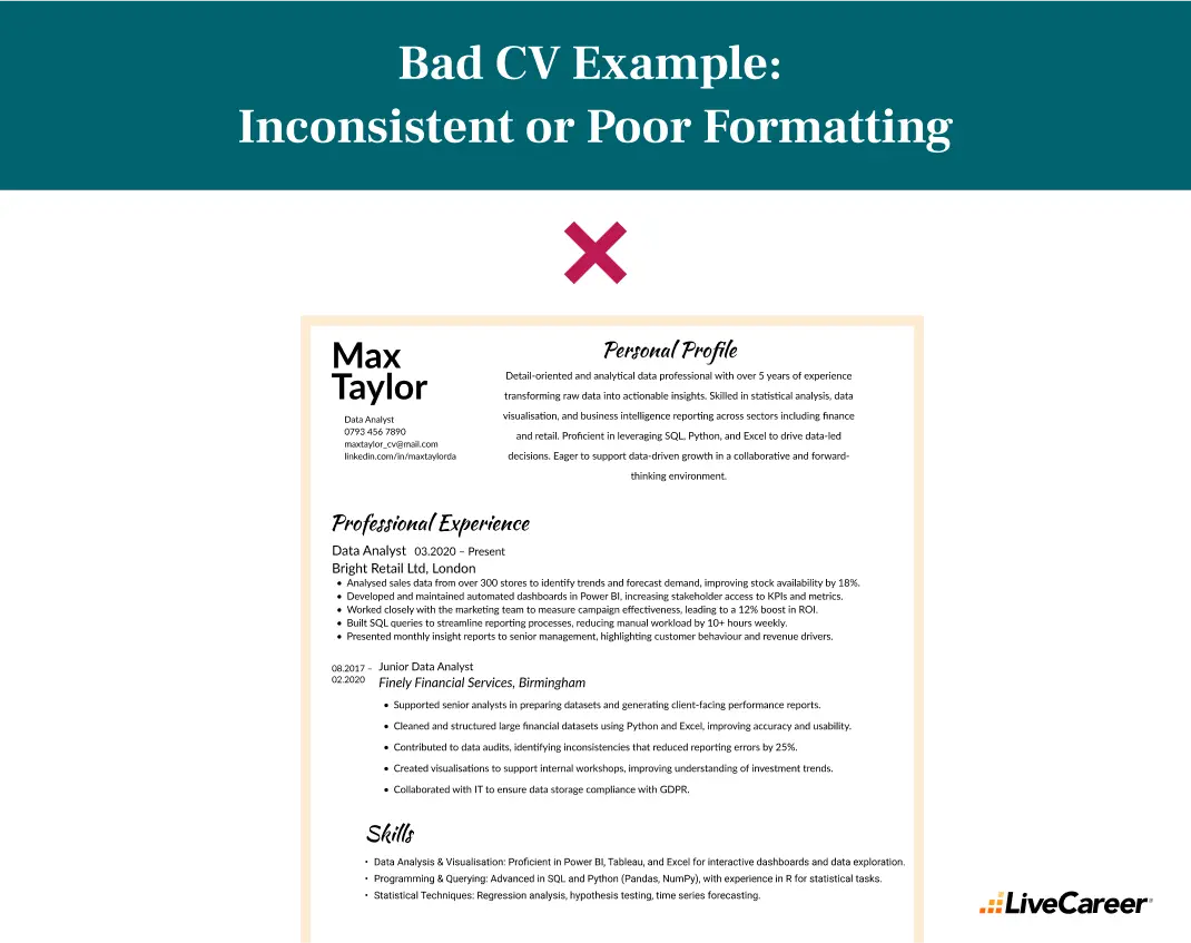 bad cv example: inconsistent or poor formatting