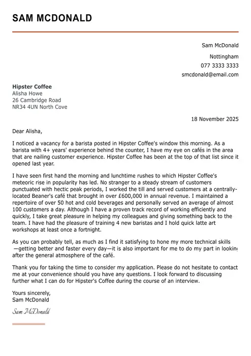 barista cover letter example
