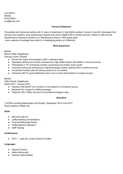 Barista CV Example