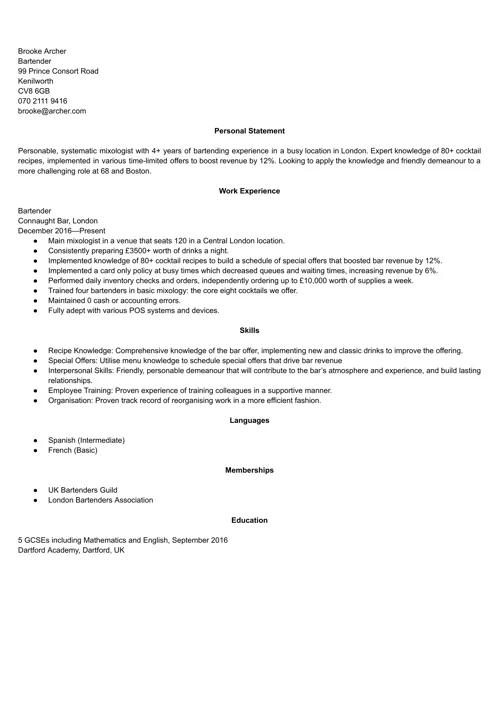 Bartender CV example