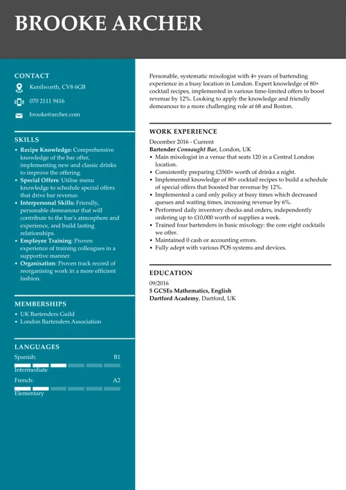 Bartender CV example