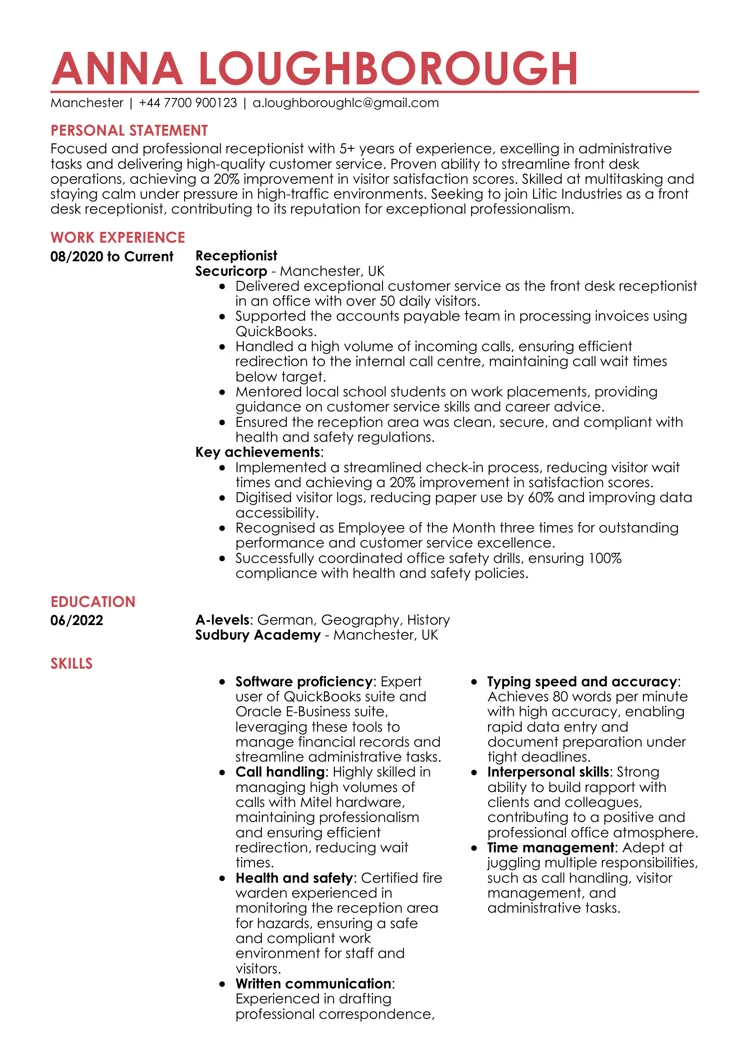 red modern CV template