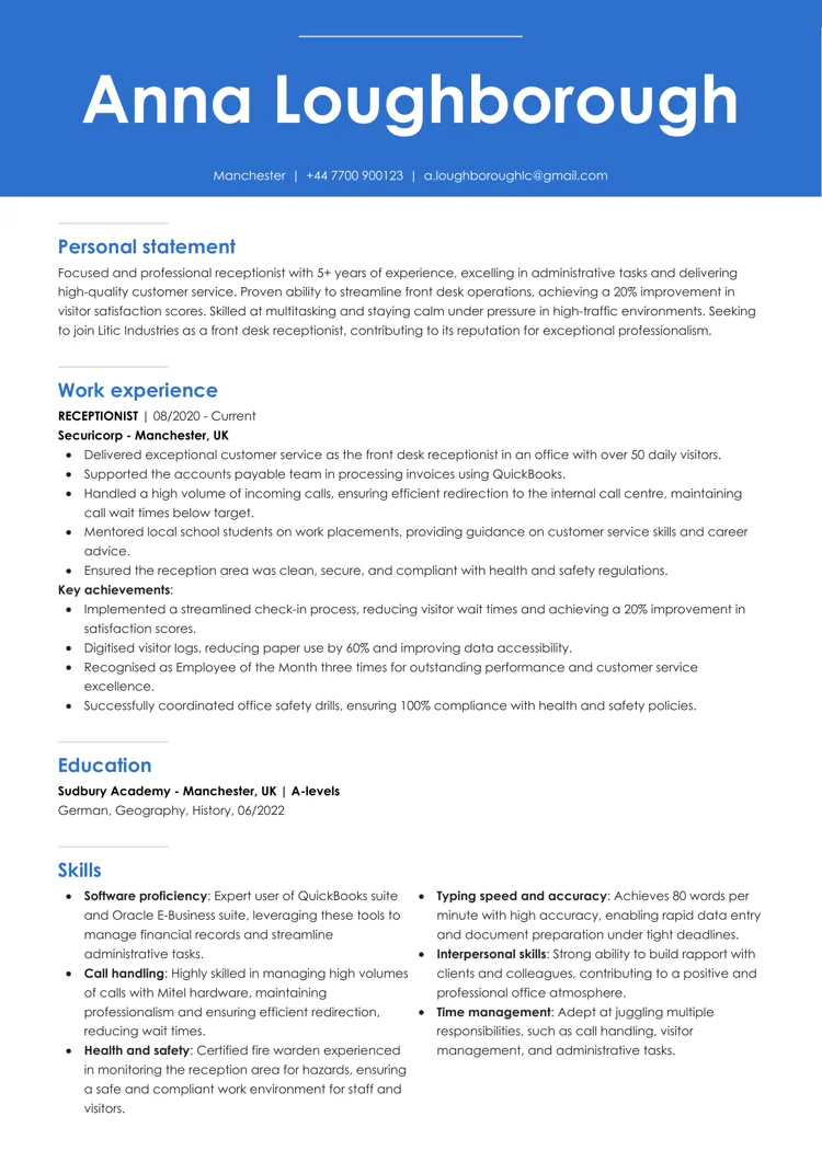 blue modern header CV template