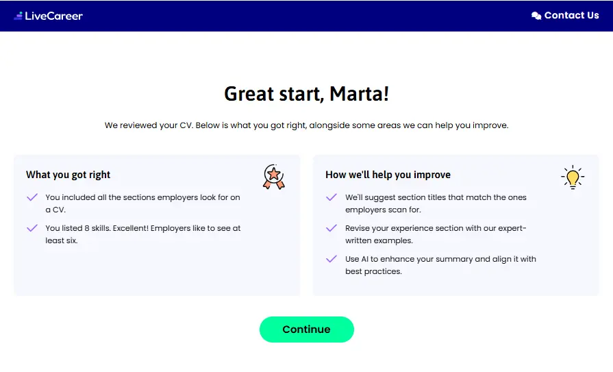 LiveCareer CV builder CV review feature screenshot