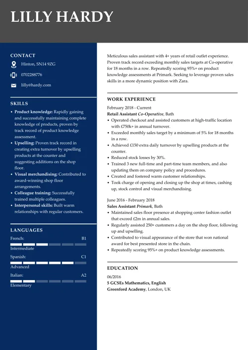 Retail assistant CV example