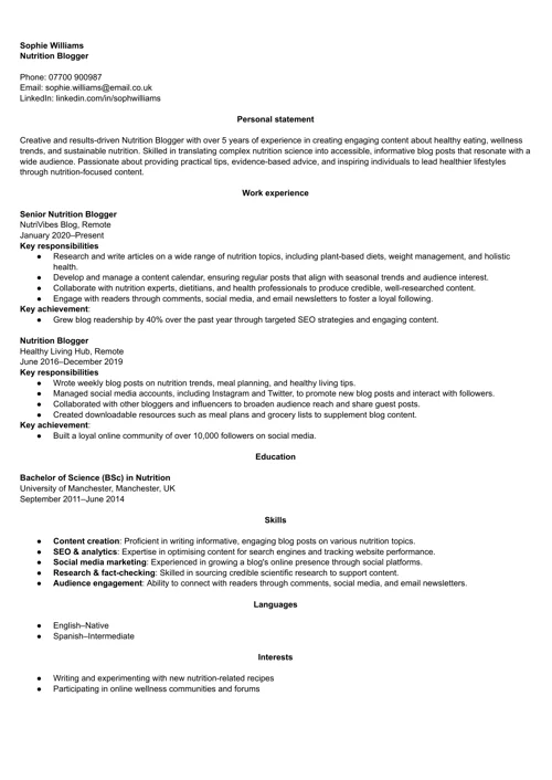 Blogger CV example