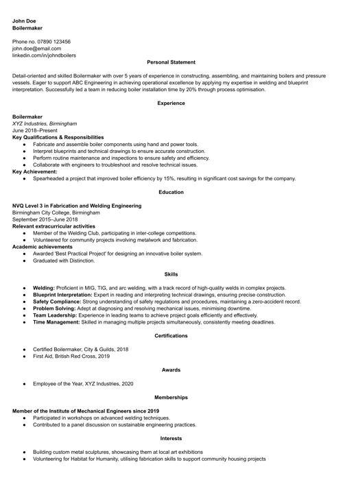 Boilermaker CV example