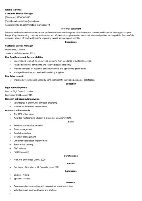 Burger King CV example