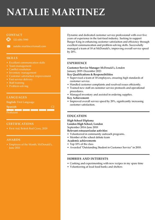 Burger King CV example