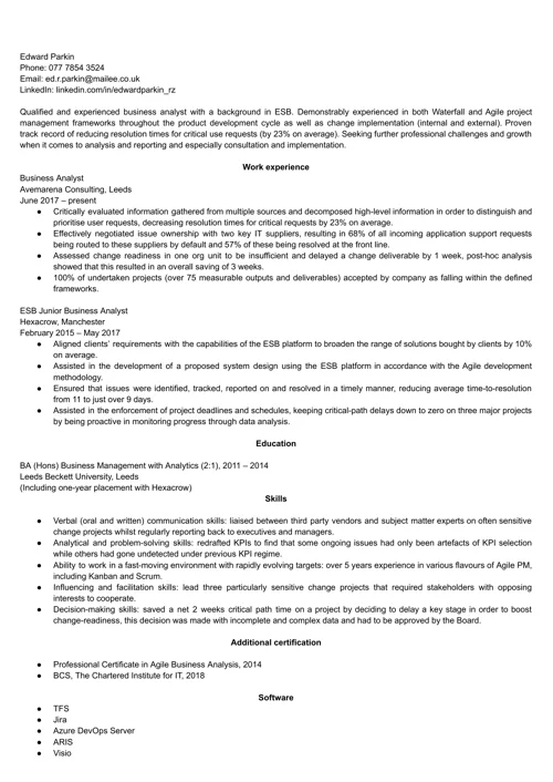 Business analyst CV example