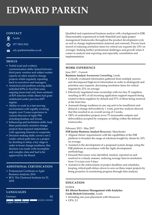 Business analyst CV example