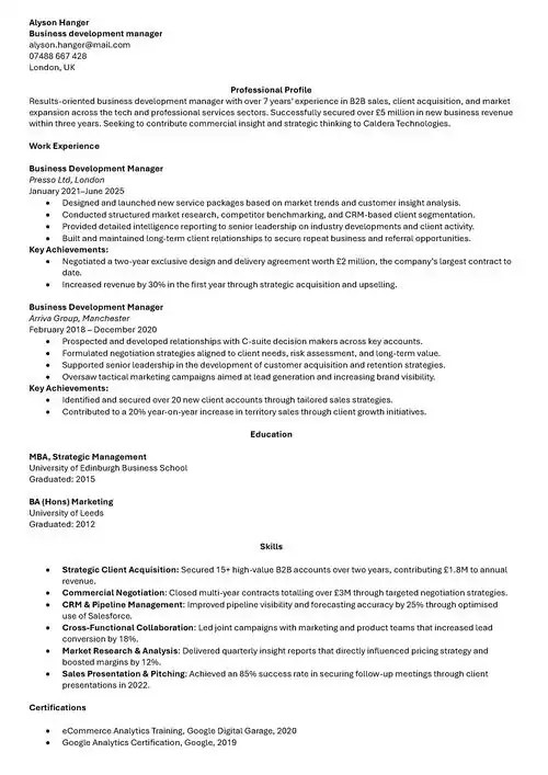 Business Development Manager CV Example