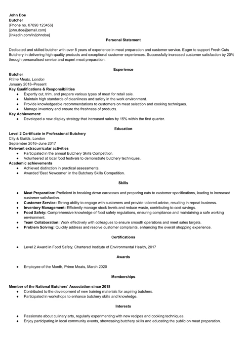 butcher cv example