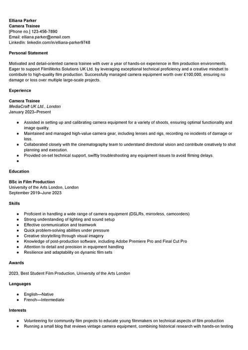 camera trainee CV example