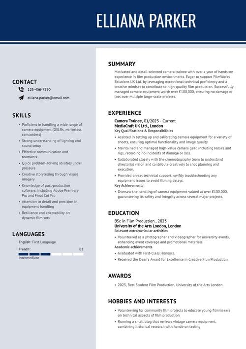 camera trainee CV example