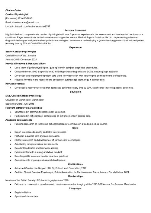 cardiac physiologist CV example