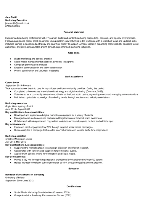career break on a cv example